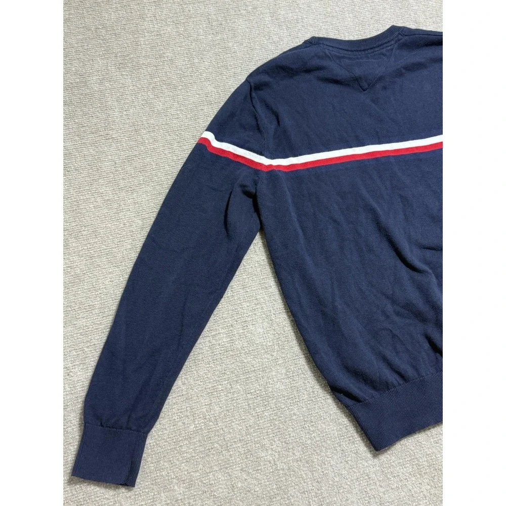 Tommy Hilfiger Sweater Mens Small‎ Navy Blue Crewneck TH Stripe Cotton Pullover
